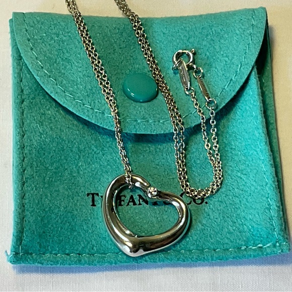 Tiffany & Co. Elsa Peretti Silver Open Heart Diamond Pendant Necklace 18" - Picture 3 of 11